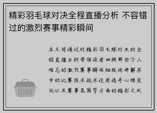 精彩羽毛球对决全程直播分析 不容错过的激烈赛事精彩瞬间
