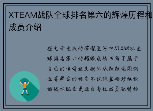 XTEAM战队全球排名第六的辉煌历程和成员介绍