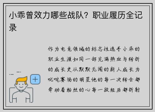 小乖曾效力哪些战队？职业履历全记录